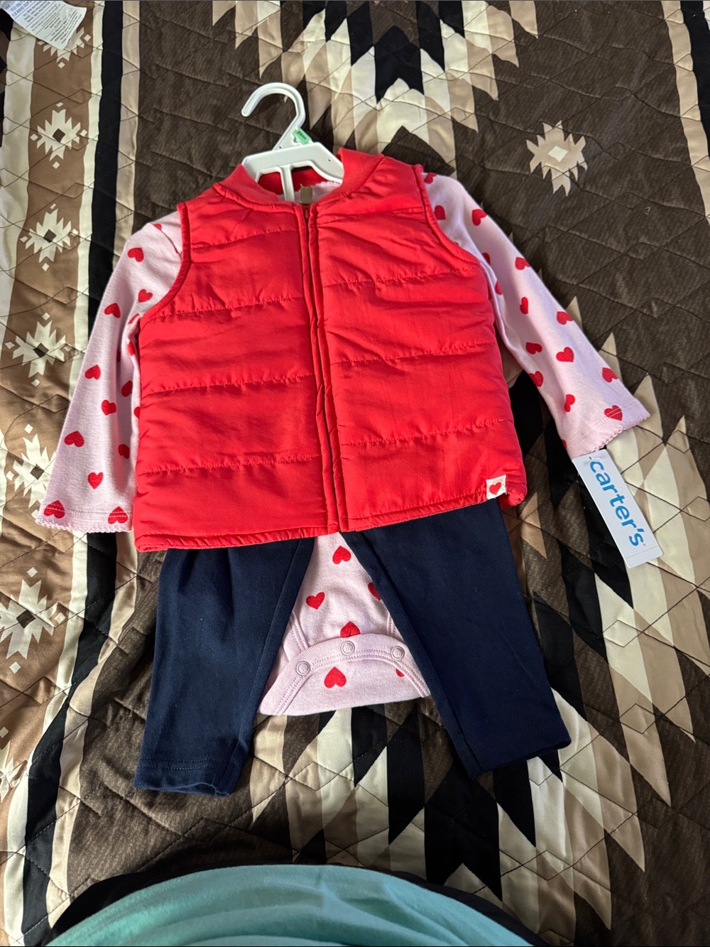 Carter's Red Puffer Vest with Pink Heart Bodysuit and Navy Leggings
